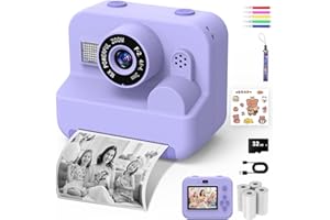 USX MOUNT Macchina Fotografica Bambini Istantanea - 1080P 2.4" Selfie Fotocamera Bambini con Carta da Stampa e 32GB Scheda, Giocattolo Regalo Natale Bambino e Bambina 3-12 Anni (Viola)