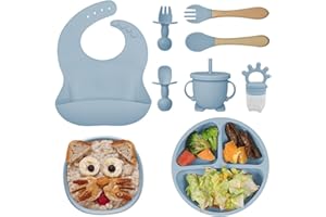 Bizcasa Set Pappa Svezzamento Bambini Silicone per piatti per bambini Set da 9 pezzi, set da tavola per bambini Set da tavola per bambini per svezzamento senza BPA,blu