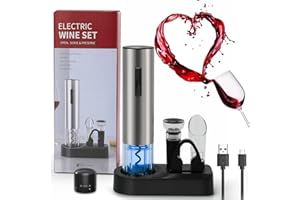 ZOYIDOUX Set regalo Cavatappi elettrici ricaricabile 7 in 1 inox,Apribottiglie elettrici con base,Versatore,Tappo in silicone per vuoto,Tagliapasta stagnola,Tappo per vino,Regalo amanti del vino