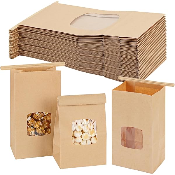25-Pack Kraft Paper Bags With Window - 5.9x2.8x9 Inch Tin Tie Food Storage Bags