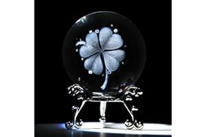 HDCRYSTALGIFTS Bola de cristal de talla 3D, esfera de cristal, pisapapeles trébol de cuatro hojas con soporte de floración plateado plateado, 60 mm