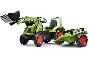 FALK - Tractopelle à pédales Claas avec et remorque - Dès 3 ans - Fabriqué en France - Pelle frontale articulée - Siège ajustable - 1040AM, Vert