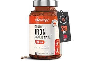 Iron Supplements for Women & Men | 28mg | 180 Gentle Iron Tablets | High Strength Ferrous Bisglycinate | Non Constipating | Supplements for Tiredness and Fatigue | VitaBright