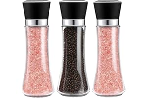 AMZMUKAUP 3 Pezzi Macina Sale e Pepe Macinapepe Manuale, Macina Sale e Pepe con frantoio manuale in ceramica regolabile smerigliatrice Corpo in Vetro Bottiglia di Spezie, 18.5cm