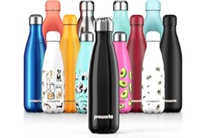 Proworks Botellas de Agua Deportiva de Acero Inoxidable | Cantimplora Termo con Doble Aislamiento para 12 Horas de Bebida Caliente y 24 Horas de Bebida Fría - Libre de BPA - 500ml – Negro