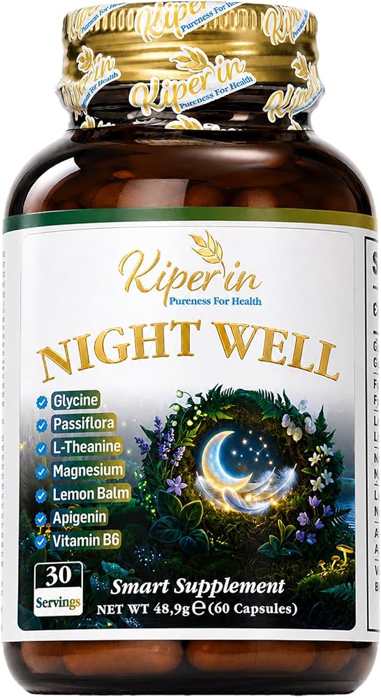 Kiperin Night Well Uyku Takviyesi | Apigenin Magnezyum Passiflora Melisa Glisin L-Teanin B6 Vitamini | Bitkisel Uyku Desteği | Aromasız Kapsül 60 Adet 30 Servis