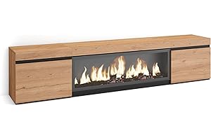Skraut Home | Mueble TV | Televisión | Muebles de salón, almacenaje | 210 | para TV hasta 80" | Chimenea eléctrica XXL | Estilo Moderno | Roble