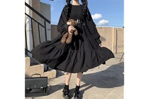 SARGE Style Gothique Robe Femmes Harajuku Gothique Lolita Goth Kawaii Robe Punk Mignon à Manches Longues Noir Robe mi-Longue surdimensionné