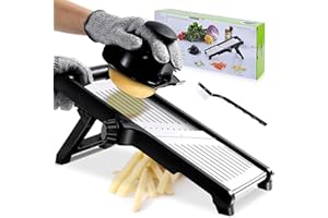 OZD Mandoline Cuisine, Mandoline Professionnelle en Inox, Epaisseur de Tranche Réglable, Mandolines de Cuisine Multifonctions avec Protège Main pour Légumes - Brosse de Nettoyage et Gants Sécurité