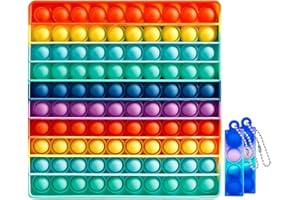 Omlalayi Pop it, 10 x 10 Pop Giant it Fidget Toy 20 x 20 cm, Rainbow Silicone Toys Set avec 2 Mini Porte-clés Pop it, Jouets Anti-Stress Fidget Toys pour Écoliers et Adultes