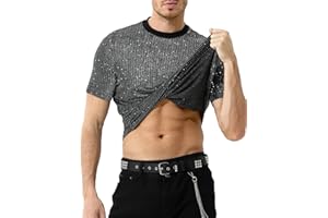 Casey Kevin Męski błyszczący T-shirt z cekinami, metaliczna koszulka, na lato, top, dla mężczyzn, złoty srebrny, z okrągłym dekoltem, klubowa