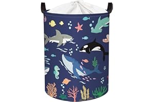 Clastyle 45L Cesta Ropa Sucia Azul Animales Marinos Tiburones para Chicas Chicos Cestos Almacenaje Juguetes Niños Plegable Redonda de Dormitorio, 36x45 cm