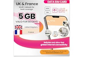 LOVE 2 SURF Love Mobile Data Only Sim Card - International Multi-Network 4G/5G Prepaid Pay As You Go Data Sim for Mobile Phones, WiFi Routers, & More, UK & France - 5GB for 60 Days