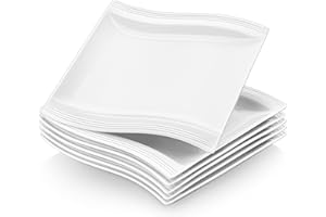 MALACASA Série Flora 6 Assiettes à Dessert Blanches en Porcelaine pour Tapas Gâteau Frites, Petite Assiettes Carrées 21 cm, Assiettes Service de Table Passe au Micro ondes et au Lave-vaisselle