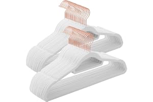 SONGMICS Percha de Terciopelo, Juego de 50, Antideslizantes, con Barra Corbata y Gancho Oro Rosa, 0,6 cm Espesor, Ahorra Espacio, 43,5 cm Largo, para Abrigo Vestido PantalÓn, Blanco CRF021W02