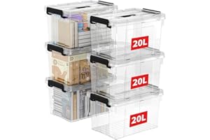 Cetomo 20L*6 Storage Boxes, Carry Plastic Storage Box with Lids, Organizing Container with Handle and Secure Latching Buckles, Stackable, Nestable, Tote Bin for Home Office Clothes, 20L-6Pack, Clear
