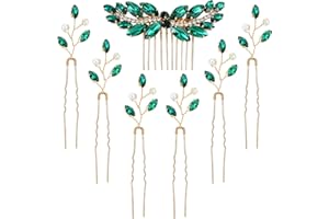 inSowni 7 Pieces Vintage Proms Bridal Wedding Glitter Gmerald Green Rhinestone Crystal Gold Metal Hair Side Combs Slides U-shaped Hair Pins Accessories for Women Flower Girls Brides Bridesmaids