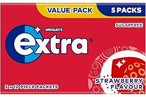 MARS Wrigley's Extra Chewing Gum, Strawberry Flavour, 5 Packs of 10 Pieces, Sugar Free Chewing Gum Multipack with Xylitol (50 pieces)