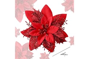 Roqueen 15 Pezzi 14CM Fiori artificiali di Natale Poinsettia Glitter con Clip Stelo Albero di Natale Ornamenti per Ghirlanda Festa Matrimonio Capodanno Decorazioni (Rosso)
