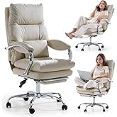 EMIAH Desk Chair with Footrest and Armrest, PU Leather, Beige | Executive Office Chair, Ergonomic Padded Recliner Chair with