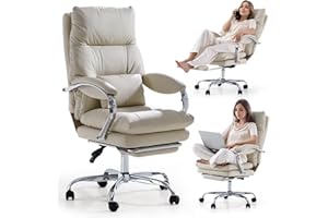 EMIAH Silla de Oficina Ejecutiva con Reposapiés,Silla de Escritorio con Reposabrazos,Silla Ergonómica Acolchado Reclinable de Cuero PU con Ruedas,Silla de Ordenador Giratoria con Cojín Grueso, Beige