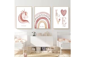 Herfair 3er Set Bilder Kinderzimmer,Regenbogen Einhorn Wolken Süße Poster, Wandbilder Babyzimmer Baby Mädchen Junge Kleinkind Wanddeko Bild Boho Deko, Ohne Rahmen