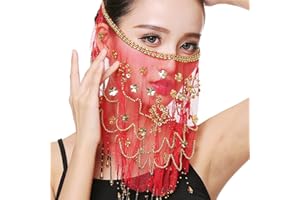 SAMHENG Belly Dance Face Veil, Chiffon Face Veil with Sequins Beads for Belly Dance Costumes, Performance, Halloween Costume Accessories for Women and Girls