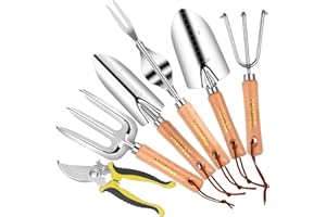 YAUNGEL Herramientas Jardinería, Kit de Jardinería de Acero Inoxidable Resistente con Mango de Madera Antideslizante - Regalos de Jardín para Mujeres y Hombres