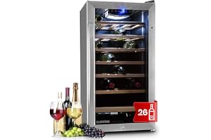Klarstein Weinkühlschrank, Getränkekühlschrank Schmal, Kühlschrank mit Glastür, Getränkekühlschränke Freistehend, Weinkühlschrank Klein, Weinkühlschränke 1 Zone, UV-Schutz, 5-18 °C, 26 Flaschen