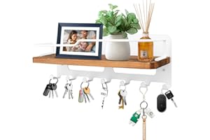 JiangLin Drewniana deska na klucze z półką, dekoracyjny uchwyt na klucze, półka na klucze, ściana z 7 hakami na klucze, drewniany organizer do wejścia, korytarza, sypialni, salonu (biały)