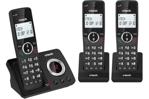 VTech DECT Ans Fil à 3 combinés, répondeur, Blocage d'appel, rétroéclairé, conférence, 18 Heures d'autonomie, amplificateur de Volume, Haut-Parleur Mains Libres, numérotation abrégée | ES2052