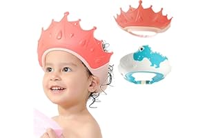 FUNUPUP 2 Pack Baby Shower Cap, Kids Shampoo Shower Bath Cap Adjustable Hair Washing Shampoo Shield Baby Visor for Eyes and Ears Protector, Cown Pink + Dinosuar Blue