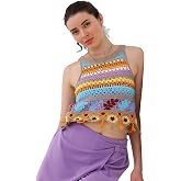 ICW Women Embroidery Beachwear Halter Neck Sleeveless Knit Boho Crochet Vest Crop Cami Tank Top 158