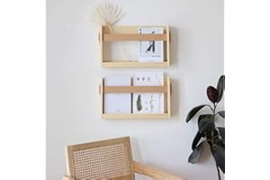 FRIADE FIRADE Wall-Mounted Magazine Holder With PU Leather Strap,Wood Magazine rack,File Organizer For Entryway, Office,Living Room, Waiting Room, Kids’ room,2 Pack (17.3" x 3.5" x 10.6 ")