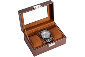 Procase Boîte à Montre Antichoc, Coffret Montre Homme avec 3 Emplacements Coussins, Rangement Montre avec Couvercle en Verre, pour Passionné d’Horlogerie - Marron