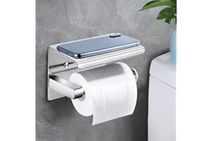 AQHUI Toilet Roll Holder Wall Mounted, Self Adhesive Toilet Paper Holder with Shelf, Chrome Loo Roll Holder Stick on Wall, Brushed Stainless Steel No Drill Tissue Roll Holder Bathroom Accessories(Silver)