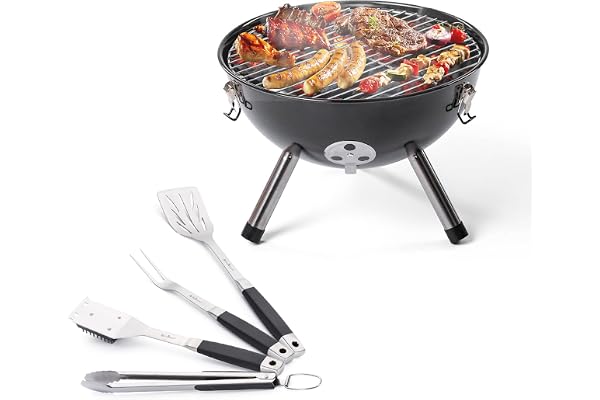 Rosmarino Lot de 5 barbecues sphériques au charbon de bois portables de Blacksmith - Grille chromée émaillée de 36 cm - Avec 4 ustensiles de barbecue - Idéal pour cuisiner en plein air