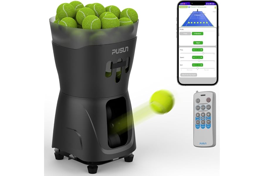 PT-Mini Pro Tennis Ball Machine - Professional Automatic Ball Launcher with Remote, Smart App Control, 65+ Ball Hopper, Battery Powered, Tennis Practice Equipment for Adults & Beginners (Black)