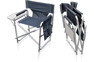 Sun Leisure® Folding Alloy Sports Directors Chair, Strong Sturdy Solid Alloy Frame, With Folding Side Table And Side Pockets, Fishing Garden Camping Chair (Graphite)