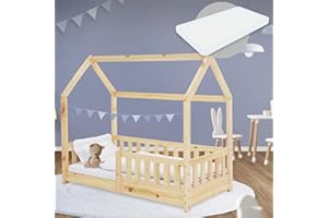 ML DESIGN MODERN LIVING ML-Design Cama Infantil Casa Natural 70x140 cm de Madera de Pino con Colchón de Espuma Fría, Protección Anticaída y Techo, Somier de Listones, Cuna de Suelo, Lecho para Niño Forma de Casita de Juego