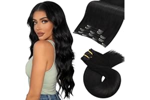 ‎MORESOO Moresoo Clip in Extensions Echthaar Natürliches Schwarz Extensions Echthaar Clips Glattes Echthaar Extensions Clip #1B 35 cm 5 Stück 80g
