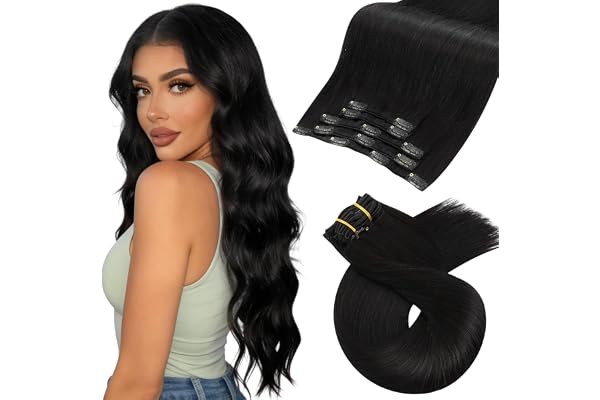 Moresoo Extension Cheveux Naturel ClipN oir Naturel 5 Pièces 35 cm Remy Extension a Clip Cheveux Humain Invisible Noir Invisible 80g Quotidien #1B