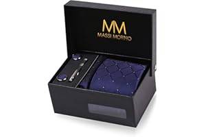 Massi Morino Cravatta e fazzoletto da uomo - con camicia gemelli, parure fermacravatta set | Accessori sposa | Cravatte Elegante Confezione Regalo