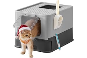 Feandrea Bac à Litière Fermé pour Chat, Maison de Toilette, Plateau Amovible, Pelle, Brosse, pour Grand Chat, Capacité 15 kg, Anti-Traces, Anti-fuites, Gris Anthracite et Gris Tourterelle PPT001B01
