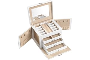 SONGMICS Boîte à Bijoux 4 Niveaux, Écrin à Accessoires, Coffre de Rangement, avec Poignées, 3 Tiroirs, Miroir, Serrure, Rangement pour Bijoux pour Voyages, Moderne, Blanc Classique JBC159W01