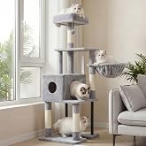 Heybly Cat Scratcher, Cat Tree 125 cm, Spacious and Comfortable Cat Tower with Den, Two Large Platforms, Basket, Sturdy Steel
