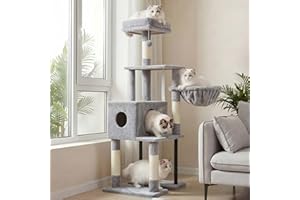 Heybly Drapak dla kota, 125 cm Mały drapak dla kota, przestronny i wygodny drapak z jaskinią, na górze drążek, platforma do skakania, kolumna do drapania, kosz, stabilne metalowe rury, jasnoszary
