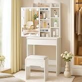 LEMROE Hollywood Makeup Vanity with LED Mirror, 7 Shelves + Drawer | With Stool Included White Bedroom 1 Large Drawer Modern