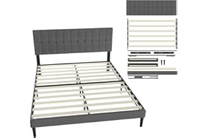 UISEBRT Łóżko tapicerowane 160 x 200 cm – rama łóżka z guzikami, stelaż z platformy z wyściełanym zagłówkiem z lnu, drewniana podpórka, łóżko podwójne dla dorosłych, nowoczesne wzornictwo