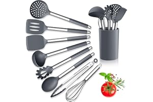 Herogo Kitchen Utensils Set, 9-Piece Silicone Cooking Utensil with Stainless Steel Handle, Heat Resistant Kitchen Cooking Spatula Turner Spoon with Holder, Non-Stick, Easy to Clean - Grey